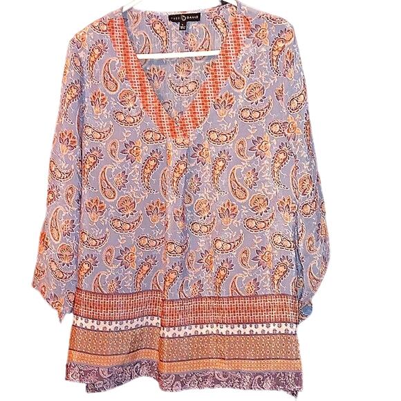 Fred David Large Paisely Floral Geometric Pattern V-Neck 3/4 Sleeve Top EUC - Picture 1 of 6